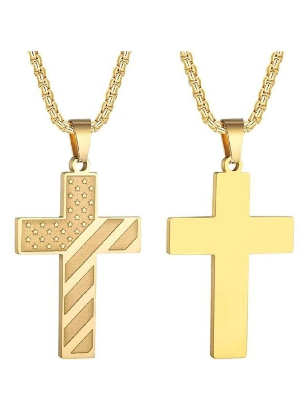 GOLD American Flag Cross Necklace for Men Stainless Steel Box Chain 22+2 inch NW
